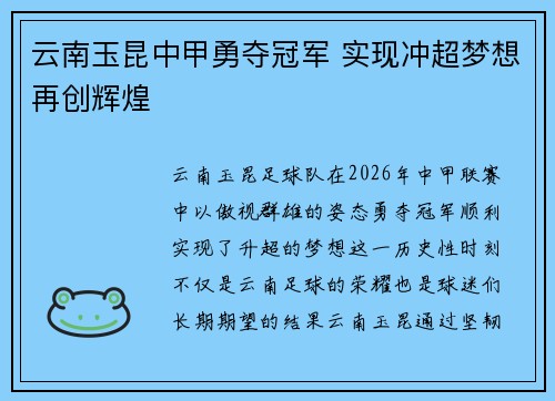 云南玉昆中甲勇夺冠军 实现冲超梦想再创辉煌 云南玉昆中甲勇夺冠军 实现冲超梦想再创辉煌