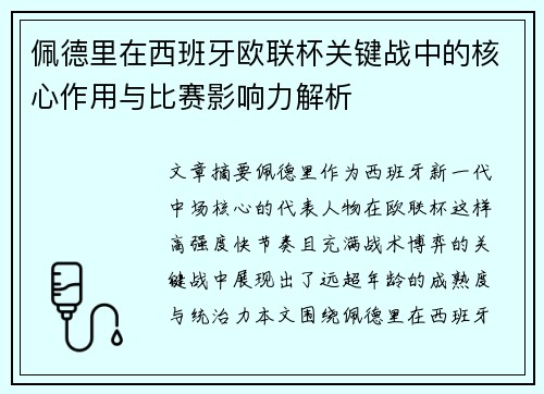 佩德里在西班牙欧联杯关键战中的核心作用与比赛影响力解析