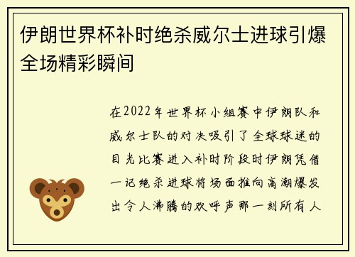 伊朗世界杯补时绝杀威尔士进球引爆全场精彩瞬间